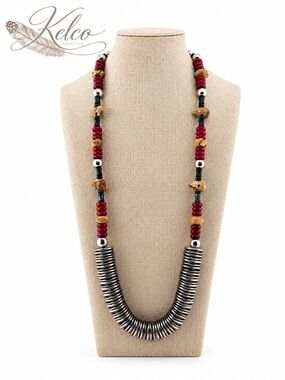 Southwestern Coral, Turquoise & Picture Jasper Heishi Statement Necklace